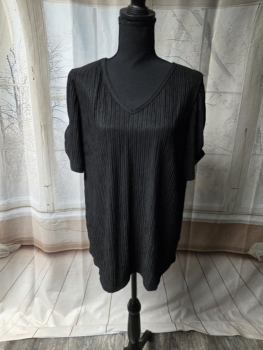 Black V-Neck Pleated Women's Top